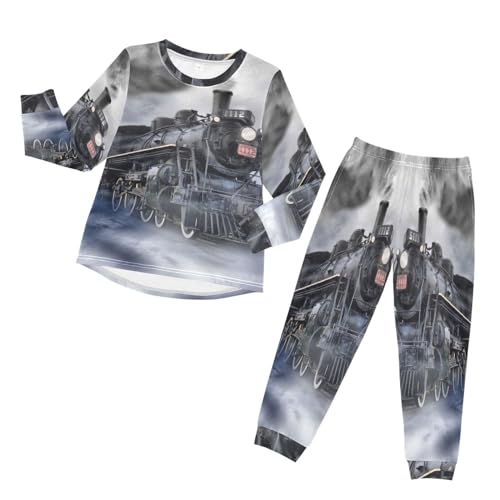 YOUJUNER Kinder Schlafanzug Set Vintage Dampfzug Pyjama Langarm Nachtwäsche Zweiteilig Schlafanzüge Set für Jungen Mädchen von YOUJUNER