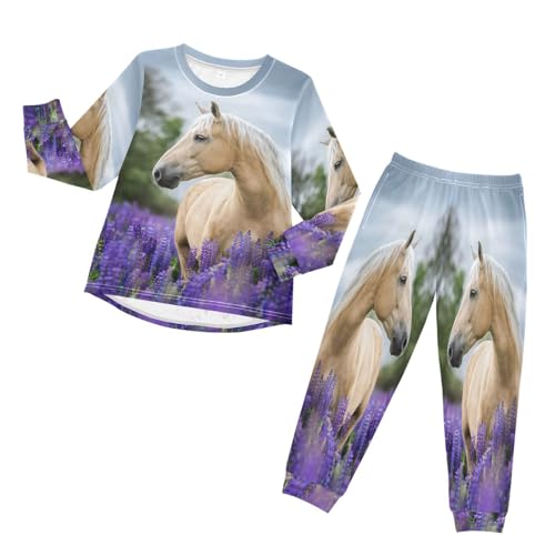 YOUJUNER Kinder Schlafanzug Set Weißes Pferd drucken Pyjama Langarm Nachtwäsche Zweiteilig Schlafanzüge Set für Jungen Mädchen von YOUJUNER