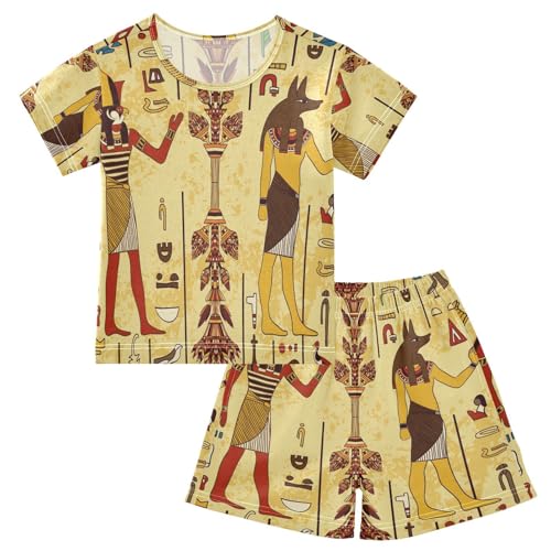 YOUJUNER Kinder Schlafanzug kurz Alte Hieroglyphen ägyptische Götter Mädchen Pyjamaset Sommer Shorty Kleidung Zweiteiliger Baumwolle Nachtwäsche von YOUJUNER