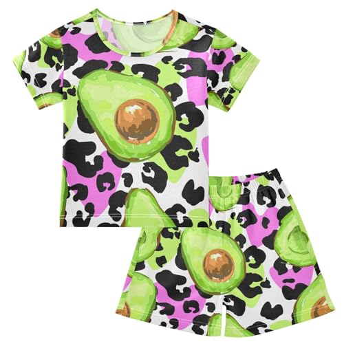 YOUJUNER Kinder Schlafanzug kurz Avocado-Leopard-Druck Mädchen Pyjamaset Sommer Shorty Kleidung Zweiteiliger Baumwolle Nachtwäsche von YOUJUNER
