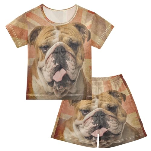 YOUJUNER Kinder Schlafanzug kurz Bulldogge mit britischer Flagge Mädchen Pyjamaset Sommer Shorty Kleidung Zweiteiliger Baumwolle Nachtwäsche von YOUJUNER