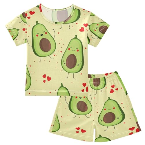 YOUJUNER Kinder Schlafanzug kurz Cartoon-Avocado-Liebe Mädchen Pyjamaset Sommer Shorty Kleidung Zweiteiliger Baumwolle Nachtwäsche von YOUJUNER