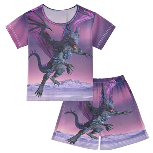 YOUJUNER Kinder Schlafanzug kurz Fantasy-Drachen-Design Mädchen Pyjamaset Sommer Shorty Kleidung Zweiteiliger Baumwolle Nachtwäsche von YOUJUNER