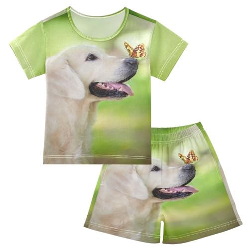 YOUJUNER Kinder Schlafanzug kurz Golden Retriever-Hund Mädchen Pyjamaset Sommer Shorty Kleidung Zweiteiliger Baumwolle Nachtwäsche von YOUJUNER