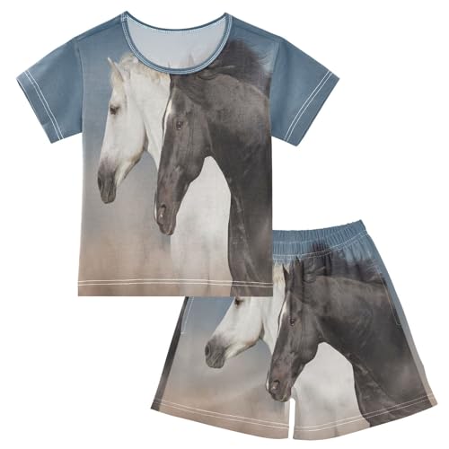 YOUJUNER Kinder Schlafanzug kurz Schwarzes und weißes Pferd Mädchen Pyjamaset Sommer Shorty Kleidung Zweiteiliger Baumwolle Nachtwäsche von YOUJUNER