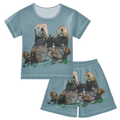 YOUJUNER Kinder Schlafanzug kurz Seetier-Otter-Druck Mädchen Pyjamaset Sommer Shorty Kleidung Zweiteiliger Baumwolle Nachtwäsche von YOUJUNER