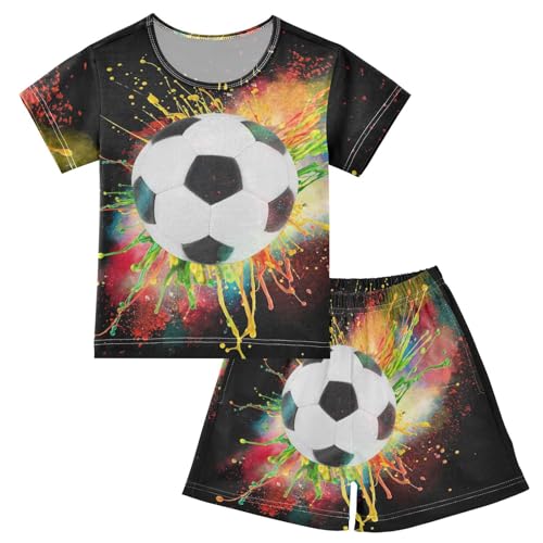 YOUJUNER Kinder Schlafanzug kurz Sport Ball Fußball Mädchen Pyjamaset Sommer Shorty Kleidung Zweiteiliger Baumwolle Nachtwäsche von YOUJUNER