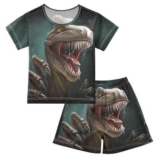 YOUJUNER Kinder Schlafanzug kurz Tierischer Dinosaurier-Druck Mädchen Pyjamaset Sommer Shorty Kleidung Zweiteiliger Baumwolle Nachtwäsche von YOUJUNER
