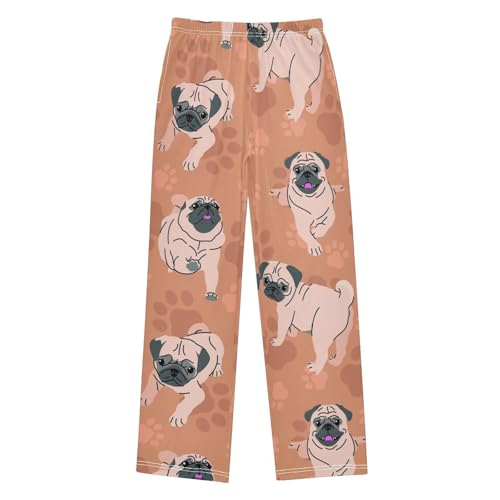 YOUJUNER Kinder Schlafanzughose Süßer Mops-Hund-Muster Pyjamahose Lang Nachtwäsche Pants Elastische Taille Freizeithose Loungehose für Jungen Mädchen von YOUJUNER