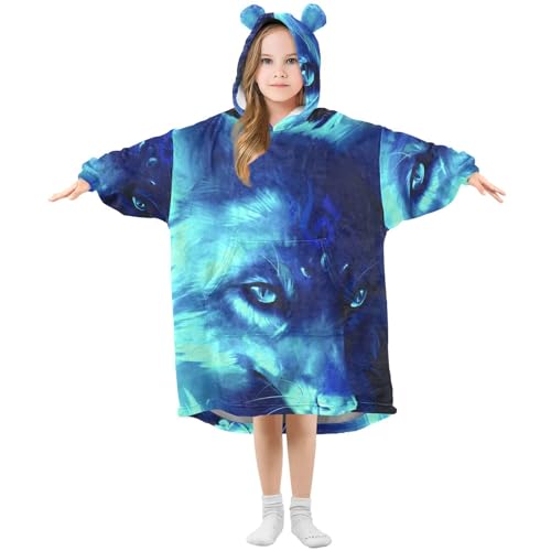 YOUJUNER Kinder Übergroße Hoodie Decke, Blauer Wolf Warme Fleece Hoodie Decke Plüsch Tragbare Decke Hoodie Sweatshirt Pullover für Jungen Mädchen von YOUJUNER