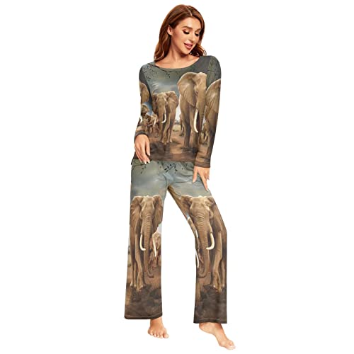 YOUJUNER Pyjama-Sets für Damen, Afrika-Elefant, langärmelig, Nachtwäsche, Loungewear-Set, Pyjama-Set, mehrfarbig, 42 von YOUJUNER