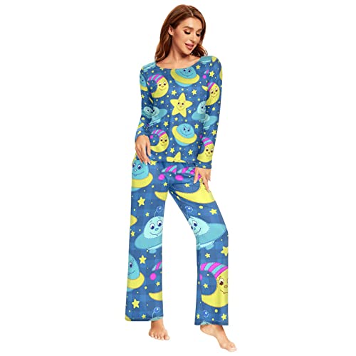 YOUJUNER Pyjama-Sets für Damen, Cartoon-Mond-Stern, langärmelig, Nachtwäsche, Loungewear-Set, Pyjama-Set, mehrfarbig, 36 von YOUJUNER