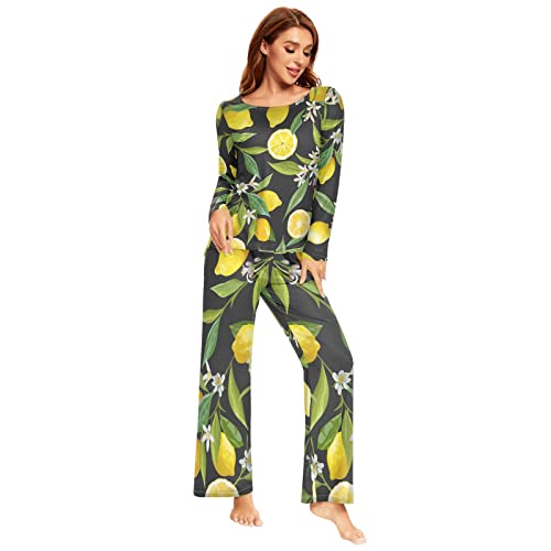 YOUJUNER Pyjama-Sets für Damen, Früchte, Zitronenmuster, langärmelig, Nachtwäsche, Loungewear-Set, Pyjama-Set, mehrfarbig, 46 von YOUJUNER