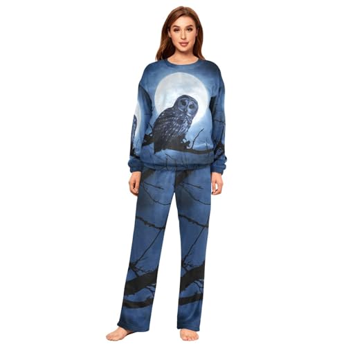 YOUJUNER Pyjama-Sets für Damen, Nachtmond, Eule, Winter, warme Nachtwäsche, Loungewear-Set, Pyjama-Set, mehrfarbig, 46 von YOUJUNER