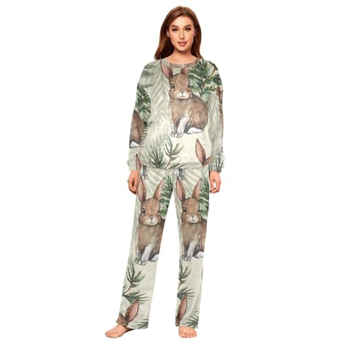 YOUJUNER Pyjamas Sets für Frauen, Vintage Kaninchen Hase Muster Winter Warme Nachtwäsche Sommer Loungewear Set Pjs Nachtwäsche Set, mehrfarbig, 38 von YOUJUNER