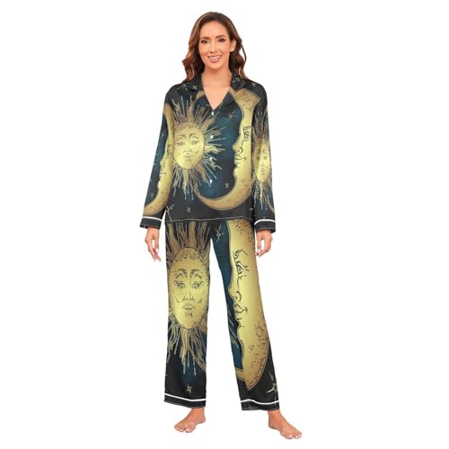 YOUJUNER Satin Schlafanzug Damen Lang Goldene Sonne-Mond-Sterne Pyjama Damen Langarm Pyjamaset Nachtwäsche Zweiteiliger Hausanzug Sleepwear Loungewear von YOUJUNER
