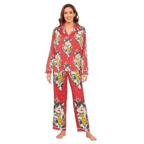 YOUJUNER Satin-Schlafanzug-Set für Damen, japanische Katze, langärmelig, Nachtwäsche-Set, Loungewear-Set, mehrfarbig, 46 von YOUJUNER