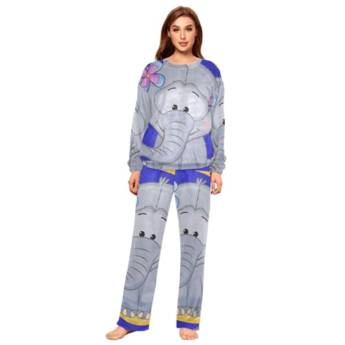 YOUJUNER Schlafanzug Damen Cartoon-Elefant-Mond-Stern Lang Fleece Pyjama Damen Langarm Pyjamaset Winter Nachtwäsche Zweiteiliger Hausanzug Sleepwear von YOUJUNER