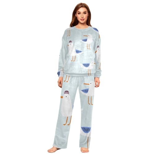 YOUJUNER Schlafanzug Damen Cartoon-Möwen-Muster Lang Fleece Pyjama Damen Langarm Pyjamaset Winter Nachtwäsche Zweiteiliger Hausanzug Sleepwear von YOUJUNER