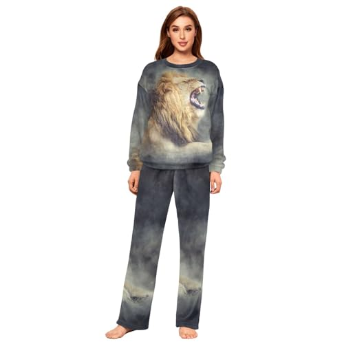YOUJUNER Schlafanzug Damen Galaxie-Löwe Lang Fleece Pyjama Damen Langarm Pyjamaset Winter Nachtwäsche Zweiteiliger Hausanzug Sleepwear von YOUJUNER