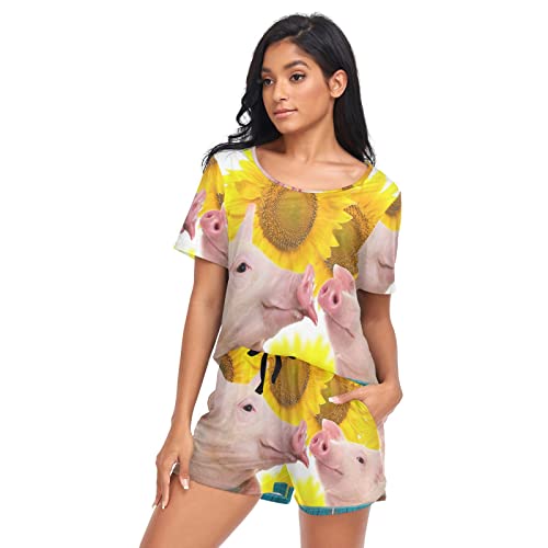 YOUJUNER Schlafanzug Damen Kurz 3D Tierthema Schwein Pyjama Set Sommer Kurzarm Pyjamaset Nachtwäsche Zweiteiliger Hausanzug Sleepwear Loungewear von YOUJUNER