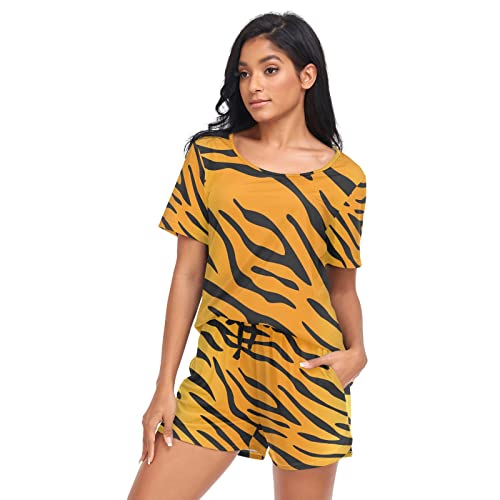 YOUJUNER Schlafanzug Damen Kurz Animal Tiger Skin Print Pyjama Set Sommer Kurzarm Pyjamaset Nachtwäsche Zweiteiliger Hausanzug Sleepwear Loungewear von YOUJUNER