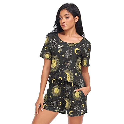 YOUJUNER Schlafanzug Damen Kurz Boho-Sonne-Mond Pyjama Set Sommer Kurzarm Pyjamaset Nachtwäsche Zweiteiliger Hausanzug Sleepwear Loungewear von YOUJUNER