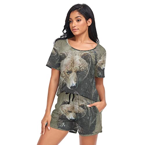 YOUJUNER Schlafanzug Damen Kurz Braunbär-Tierbär Pyjama Set Sommer Kurzarm Pyjamaset Nachtwäsche Zweiteiliger Hausanzug Sleepwear Loungewear von YOUJUNER