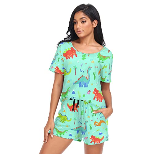 YOUJUNER Schlafanzug Damen Kurz Buntes Dinosaurier-Muster Pyjama Set Sommer Kurzarm Pyjamaset Nachtwäsche Zweiteiliger Hausanzug Sleepwear Loungewear von YOUJUNER