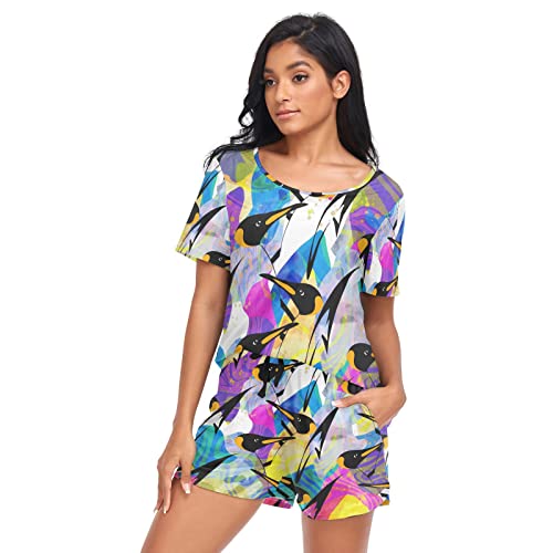 YOUJUNER Schlafanzug Damen Kurz Buntes Pinguin-Muster Pyjama Set Sommer Kurzarm Pyjamaset Nachtwäsche Zweiteiliger Hausanzug Sleepwear Loungewear von YOUJUNER