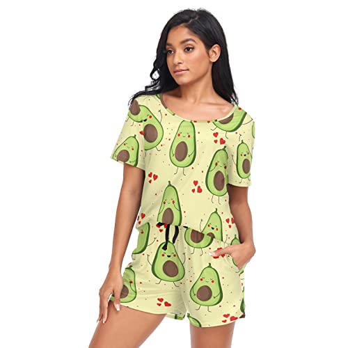 YOUJUNER Schlafanzug Damen Kurz Cartoon-Avocado-Liebe Pyjama Set Sommer Kurzarm Pyjamaset Nachtwäsche Zweiteiliger Hausanzug Sleepwear Loungewear von YOUJUNER