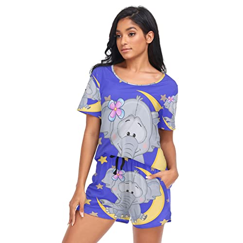 YOUJUNER Schlafanzug Damen Kurz Cartoon-Elefant-Mond-Stern Pyjama Set Sommer Kurzarm Pyjamaset Nachtwäsche Zweiteiliger Hausanzug Sleepwear Loungewear von YOUJUNER