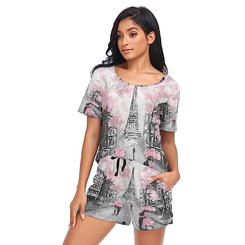 YOUJUNER Schlafanzug Damen Kurz Eiffelturm Paris Frankreich Pyjama Set Sommer Kurzarm Pyjamaset Nachtwäsche Zweiteiliger Hausanzug Sleepwear Loungewear von YOUJUNER