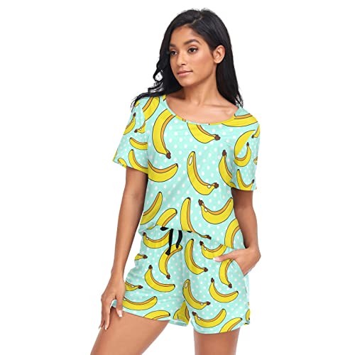 YOUJUNER Schlafanzug Damen Kurz Gelbes Bananen-Muster Pyjama Set Sommer Kurzarm Pyjamaset Nachtwäsche Zweiteiliger Hausanzug Sleepwear Loungewear von YOUJUNER