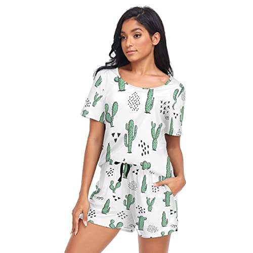 YOUJUNER Schlafanzug Damen Kurz Grüner Kaktus Kakteen Pyjama Set Sommer Kurzarm Pyjamaset Nachtwäsche Zweiteiliger Hausanzug Sleepwear Loungewear von YOUJUNER