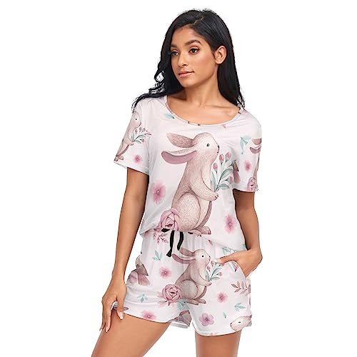 YOUJUNER Schlafanzug Damen Kurz Hase Kaninchen Pyjama Set Sommer Kurzarm Pyjamaset Nachtwäsche Zweiteiliger Hausanzug Sleepwear Loungewear von YOUJUNER