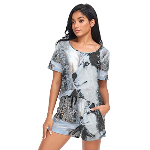 YOUJUNER Schlafanzug Damen Kurz Husky-Hundedekor Pyjama Set Sommer Kurzarm Pyjamaset Nachtwäsche Zweiteiliger Hausanzug Sleepwear Loungewear von YOUJUNER