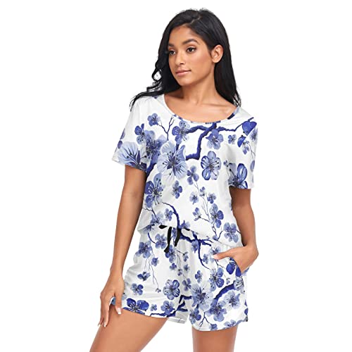 YOUJUNER Schlafanzug Damen Kurz Japan Japanische Blume Pyjama Set Sommer Kurzarm Pyjamaset Nachtwäsche Zweiteiliger Hausanzug Sleepwear Loungewear von YOUJUNER