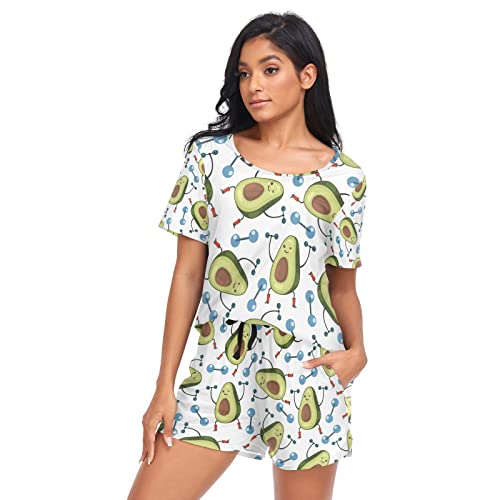 YOUJUNER Schlafanzug Damen Kurz Lustiger Avocado-Sport Pyjama Set Sommer Kurzarm Pyjamaset Nachtwäsche Zweiteiliger Hausanzug Sleepwear Loungewear von YOUJUNER