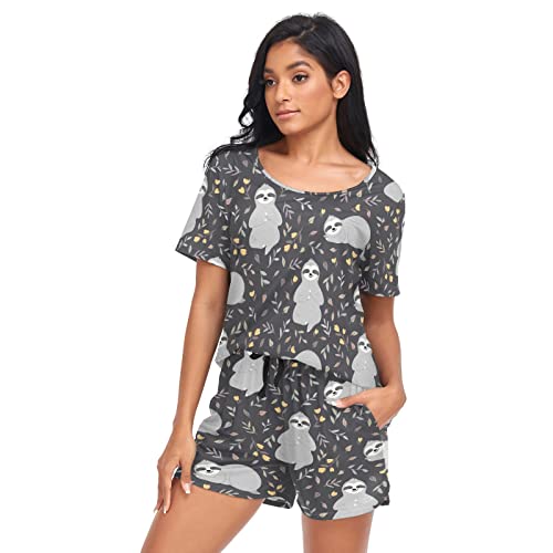 YOUJUNER Schlafanzug Damen Kurz Lustiges Faultier-Muster Pyjama Set Sommer Kurzarm Pyjamaset Nachtwäsche Zweiteiliger Hausanzug Sleepwear Loungewear von YOUJUNER