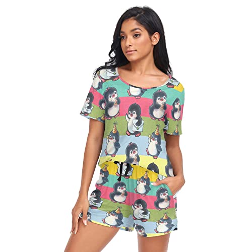 YOUJUNER Schlafanzug Damen Kurz Niedliche Pinguine drucken Pyjama Set Sommer Kurzarm Pyjamaset Nachtwäsche Zweiteiliger Hausanzug Sleepwear Loungewear von YOUJUNER