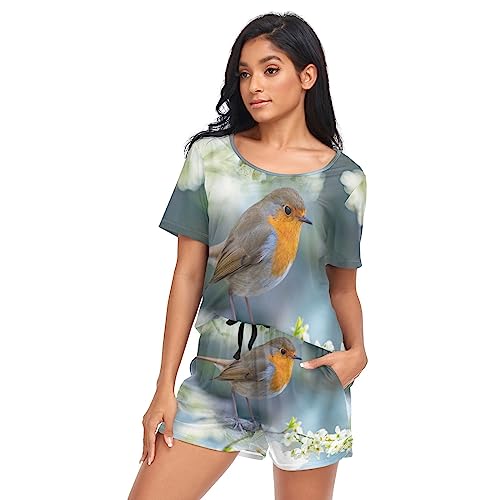 YOUJUNER Schlafanzug Damen Kurz Rotkehlvogel Pyjama Set Sommer Kurzarm Pyjamaset Nachtwäsche Zweiteiliger Hausanzug Sleepwear Loungewear von YOUJUNER