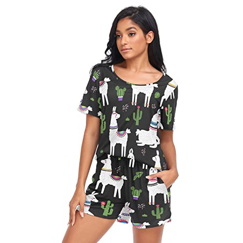 YOUJUNER Schlafanzug Damen Kurz Schönes Lama-Alpaka-Muster Pyjama Set Sommer Kurzarm Pyjamaset Nachtwäsche Zweiteiliger Hausanzug Sleepwear Loungewear von YOUJUNER