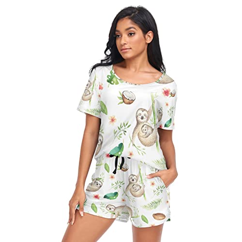 YOUJUNER Schlafanzug Damen Kurz Süße Faultier-Muster Pyjama Set Sommer Kurzarm Pyjamaset Nachtwäsche Zweiteiliger Hausanzug Sleepwear Loungewear von YOUJUNER