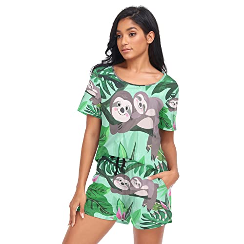 YOUJUNER Schlafanzug Damen Kurz Süße Faultier-Palmblätter Pyjama Set Sommer Kurzarm Pyjamaset Nachtwäsche Zweiteiliger Hausanzug Sleepwear Loungewear von YOUJUNER