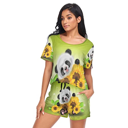 YOUJUNER Schlafanzug Damen Kurz Süße Panda Sonnenblume Pyjama Set Sommer Kurzarm Pyjamaset Nachtwäsche Zweiteiliger Hausanzug Sleepwear Loungewear von YOUJUNER