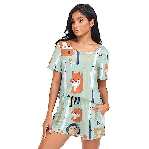 YOUJUNER Schlafanzug Damen Kurz Süßer Bär Kaninchen Eichhörnchen Fuchs Pyjama Set Sommer Kurzarm Pyjamaset Nachtwäsche Zweiteiliger Hausanzug Sleepwear Loungewear von YOUJUNER