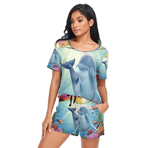 YOUJUNER Schlafanzug Damen Kurz Süßer Delfin Pyjama Set Sommer Kurzarm Pyjamaset Nachtwäsche Zweiteiliger Hausanzug Sleepwear Loungewear von YOUJUNER