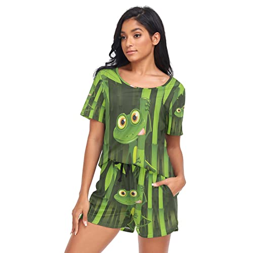 YOUJUNER Schlafanzug Damen Kurz Süßer Frosch Pyjama Set Sommer Kurzarm Pyjamaset Nachtwäsche Zweiteiliger Hausanzug Sleepwear Loungewear von YOUJUNER