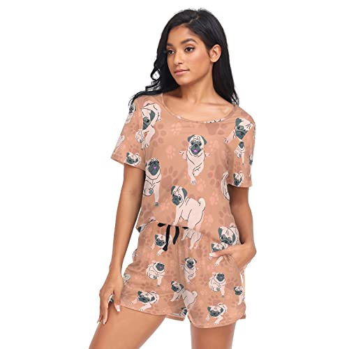 YOUJUNER Schlafanzug Damen Kurz Süßer Mops-Hund-Muster Pyjama Set Sommer Kurzarm Pyjamaset Nachtwäsche Zweiteiliger Hausanzug Sleepwear Loungewear von YOUJUNER